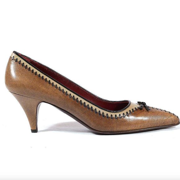 Women's New Prada Brown Pumps with Hand Stitch Detail and Short Heel - Picture 3 of 4